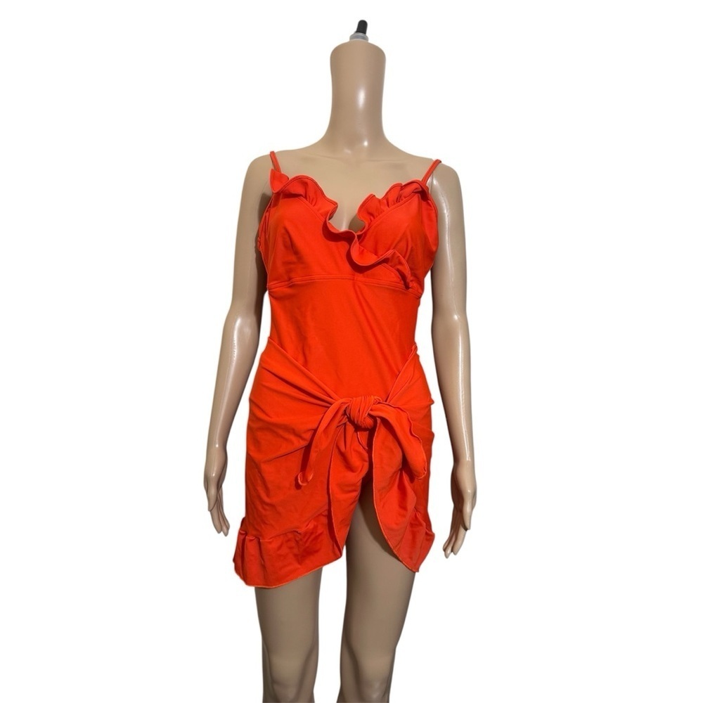 “Oscar de la renta tangerine Ruffle Wrap Beach Dress Cover Up Resort Swim